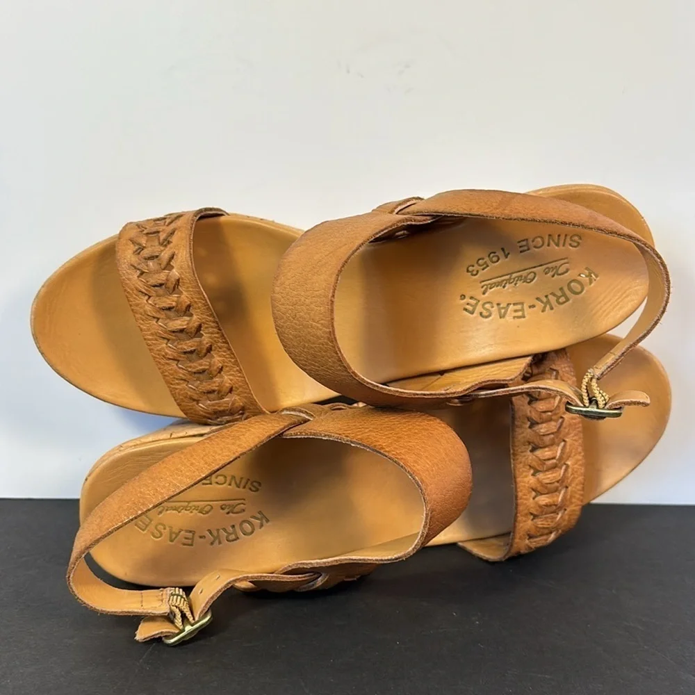 Kork-Ease Brown Leather Wedge Sandals Sz 8M Cork Platform Strappy Boho Comfort